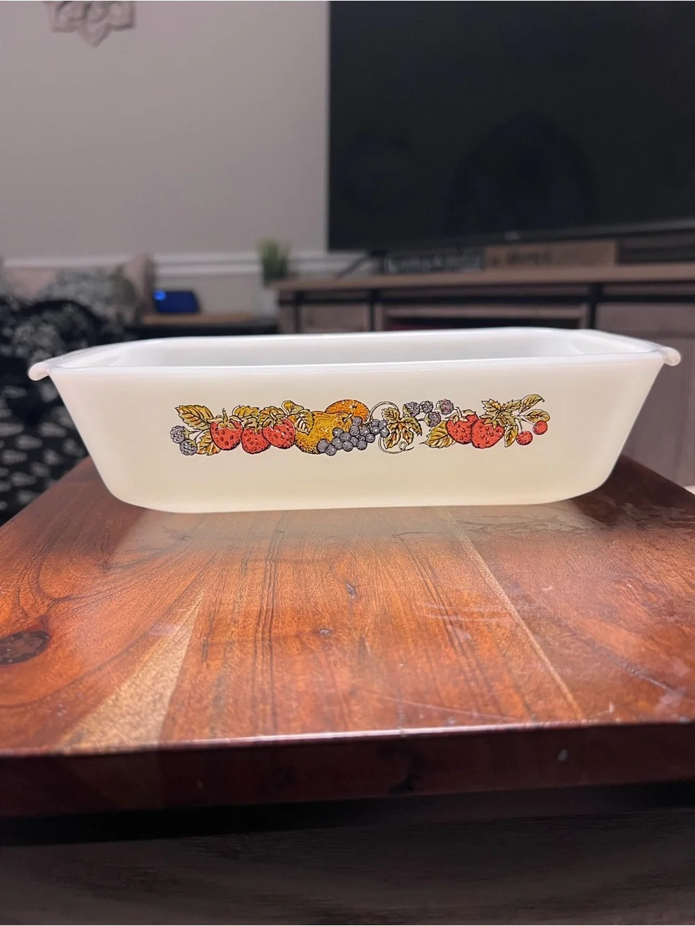 Vintage Fire-King Fruit Harvest #441 1 Qt Milk Glass Casserole Loaf Pan USA